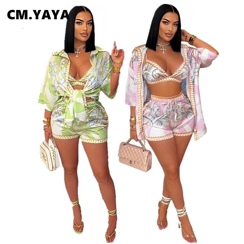 CM.YAYA Paisley Printed Womens Set Three Quarter Sleeve Top and Shorts Beach 3- Piece Sets Outfit Tracksuits 250407