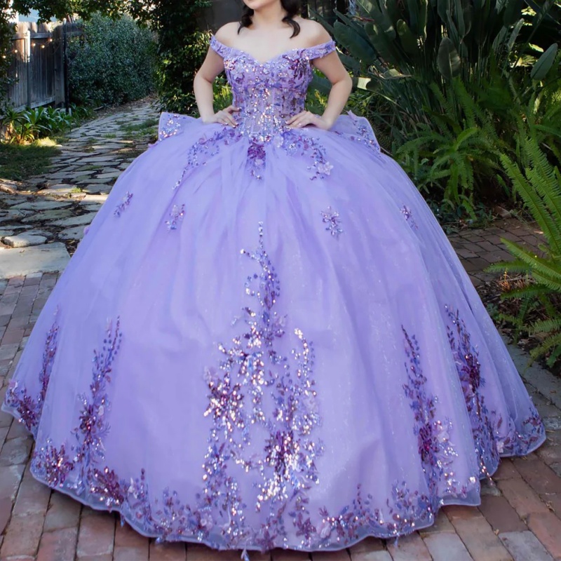 Lavender Quinceanera Dresses Off Shoulder Ball Gown Sweet 16 Dress Sequin Applique Lace Beads Bow Tull Birthday Party Vestidos 15 De Anos