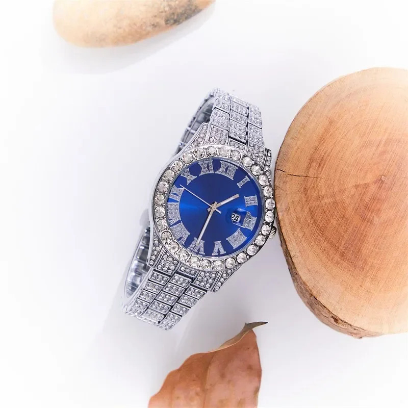 Business Mens Faux Diamond-studded Steel Strap Watch Fashion Hip-hop Street Culture Cuban Bracelet 251107