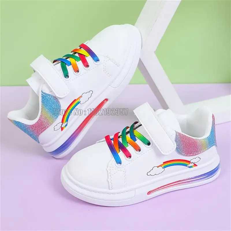 Childrens fashion rainbow colored girls white casual Pu leather air cushion autumn sports shoes W250407