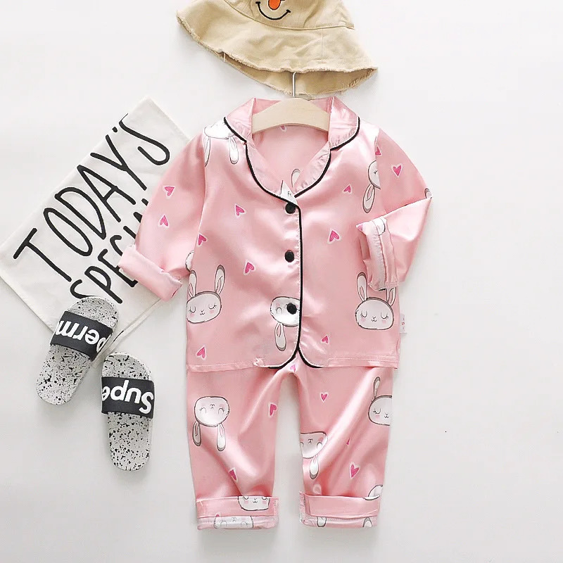 Toddler Girls Silk Satin Pajamas Sets Cartoon Kids Boys Pyjamas Baby Sleepwear Suit Girl Casual Home Wear Clothes Boy Loungewear 250407