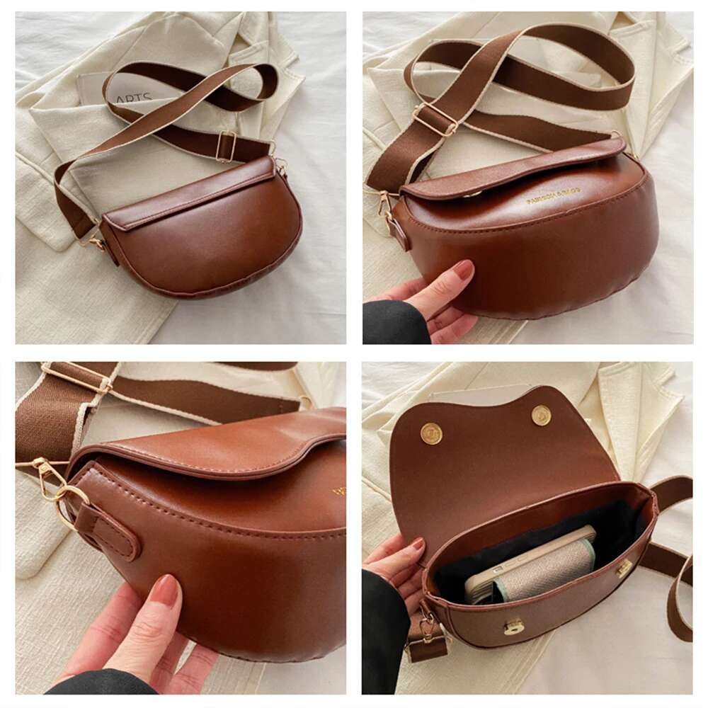 Women Vintage Solid Color Flap Small Saddle Underarm Fashion PU Leather Wide Strap Crossbody Bag Shoulder Bag Zwq