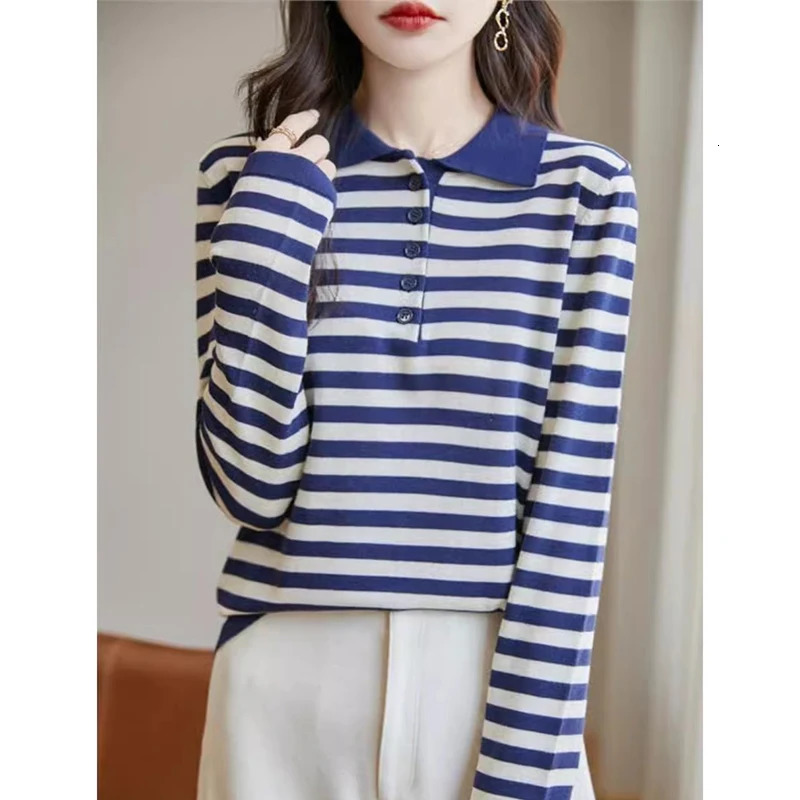 Fashion Lapel Button Spliced Striped Polo Shirts Female Clothing Autumn Winter Loose Korean Tops Casual Tee Shirt 250408