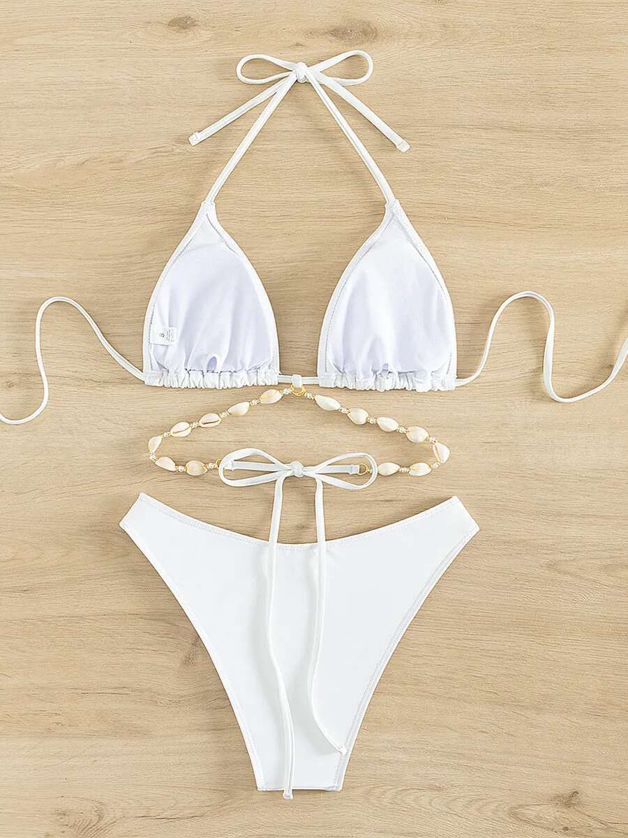 Dongdumaoyi Sexy High Waist Bikini Set Decorated With Seashell Swimsuit Women Black White Criss Cross Push Up Bathing Suit Swimwear