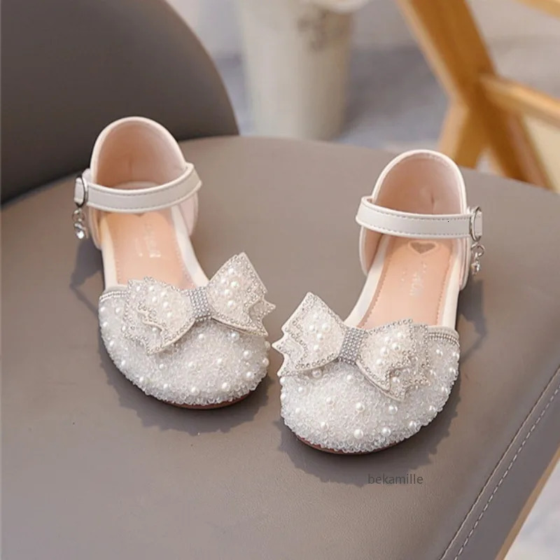 Girls Princess Shoes Spring And Summer Sandals White Flat Dress Shoes Pearl Decoration For Kids And Teens 250408