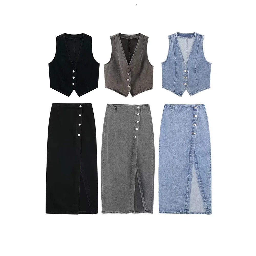 PB ZA Spring Summer Womens Short denim Tank Top in Stock Double breasted Midi Denim Skirt Set 250408