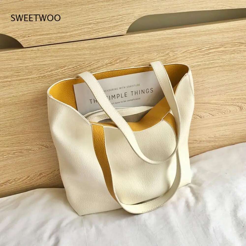 PU Leather Ladies Novelty Design Shoulder For Women Double Side Color Student Book Shopping Bag Large Capacity Tote Handbag