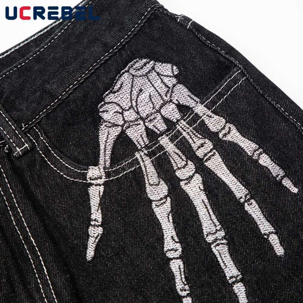 Skeleton Hand Embroidery Denim Mens High Street Wide Leg Pants Streetwear Loose Casual Trousers Jeans Men