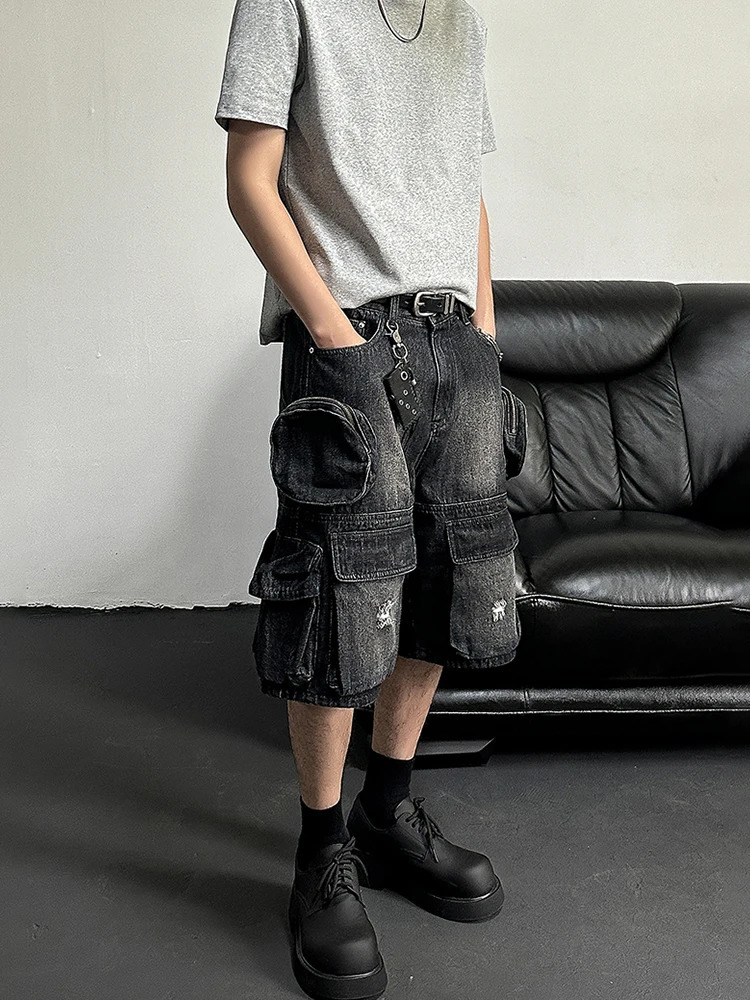 REDDACHIC Hip Hop Mens Cargo Pocket Denim Shorts Black Wash Damaged Wide Leg Jeans Jorts Retro Harajuku Street Clothing 250407