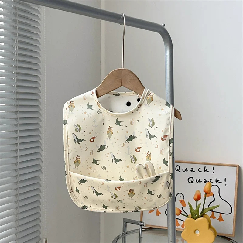 Baby Rabbit Ear Bib PU Soft Waterproof Cartoon Print Burp Cloths Feeding Bibs Infant Toddler Boys Girls Dirt Proof Apron Pocket 250408