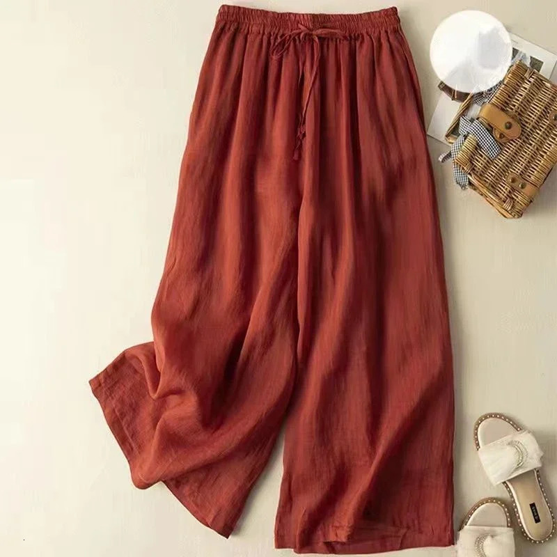 Fashion Cotton Linen Wide Leg Pants Loose Straight Ankle-Length Skirt Pants Casual High Waist Summer Womens Pants 250408