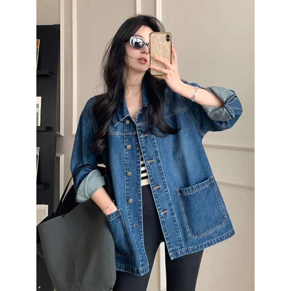Simple Casual Loose Denim For Women Large Pockets Retro Turn Down Collar Long Sleeve All Match Jacket Coats Chic