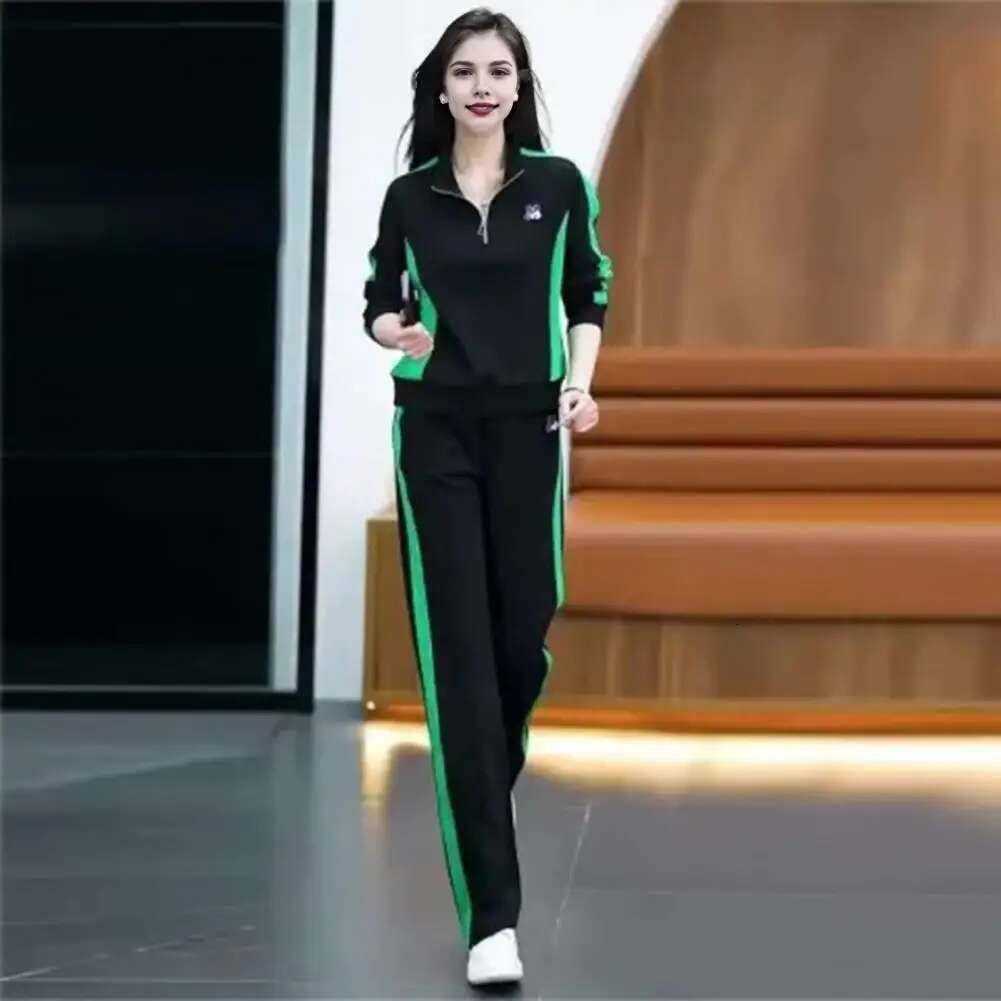 Women Sports Suit Stylish Women's Sportswear Set Color Matching Zippered Stand Collar Sweatshirt Wide Leg Trousers for Fall