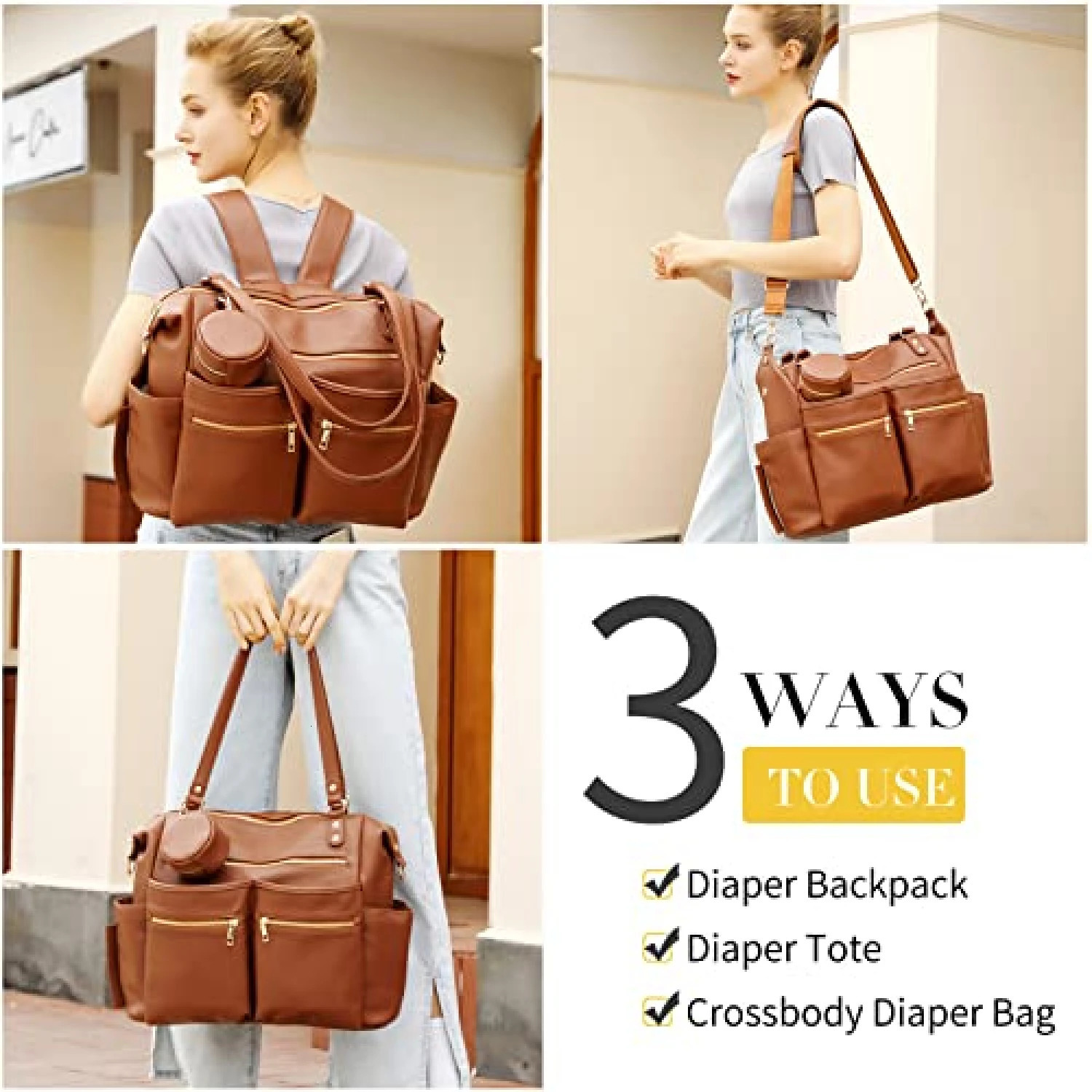Leather Diaper Bag Tote Backpack for Mommy Dad Baby Nappy Organizer with Changing Station Stroller Straps Pacifier Case Boy Girl 250407