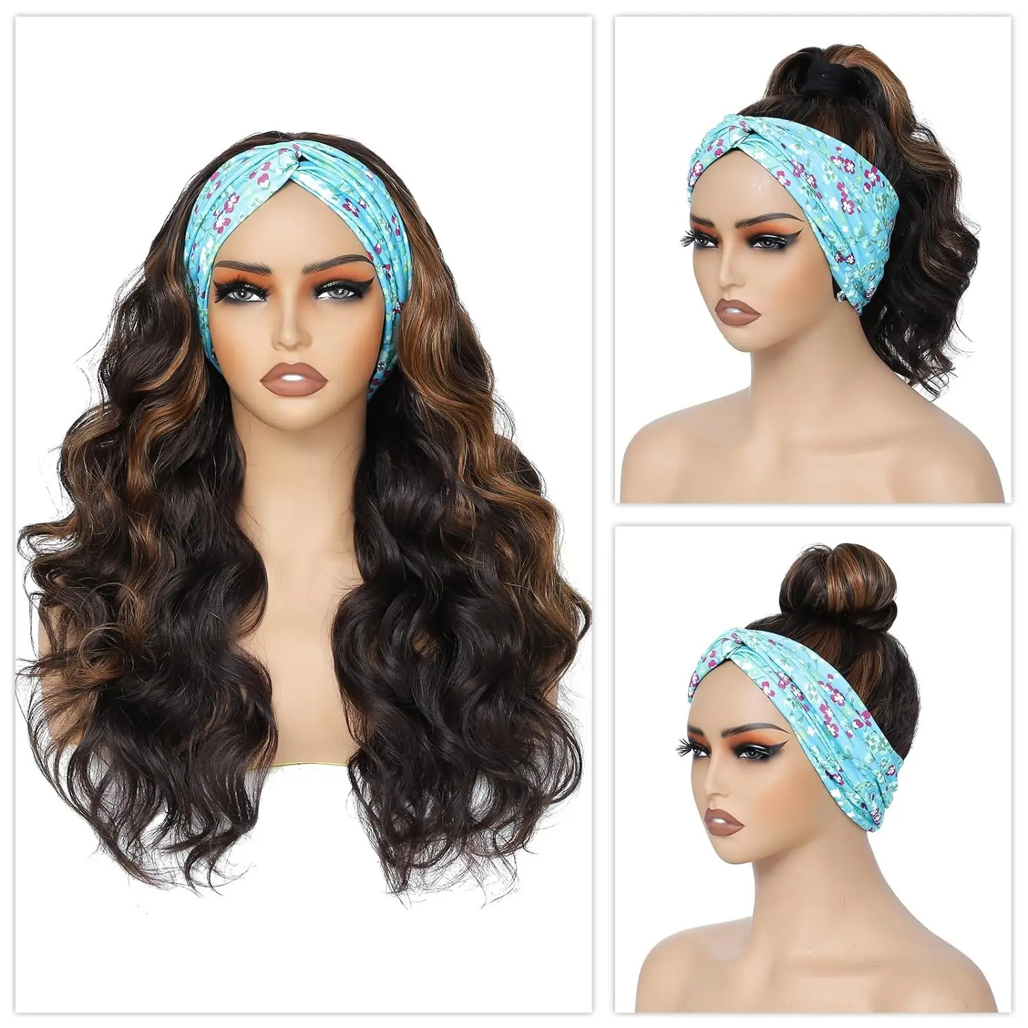 Brown high head wig with wig suitable for black women with 26 inch body wave wig headband attached with natural appearance synthetic hair wig 250407