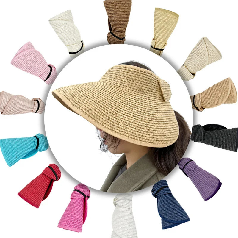 Womens Summer Visors Hat Foldable Wide Brim Bow Knot Empty Top Straw Chapeau Beach UV Protective 250326