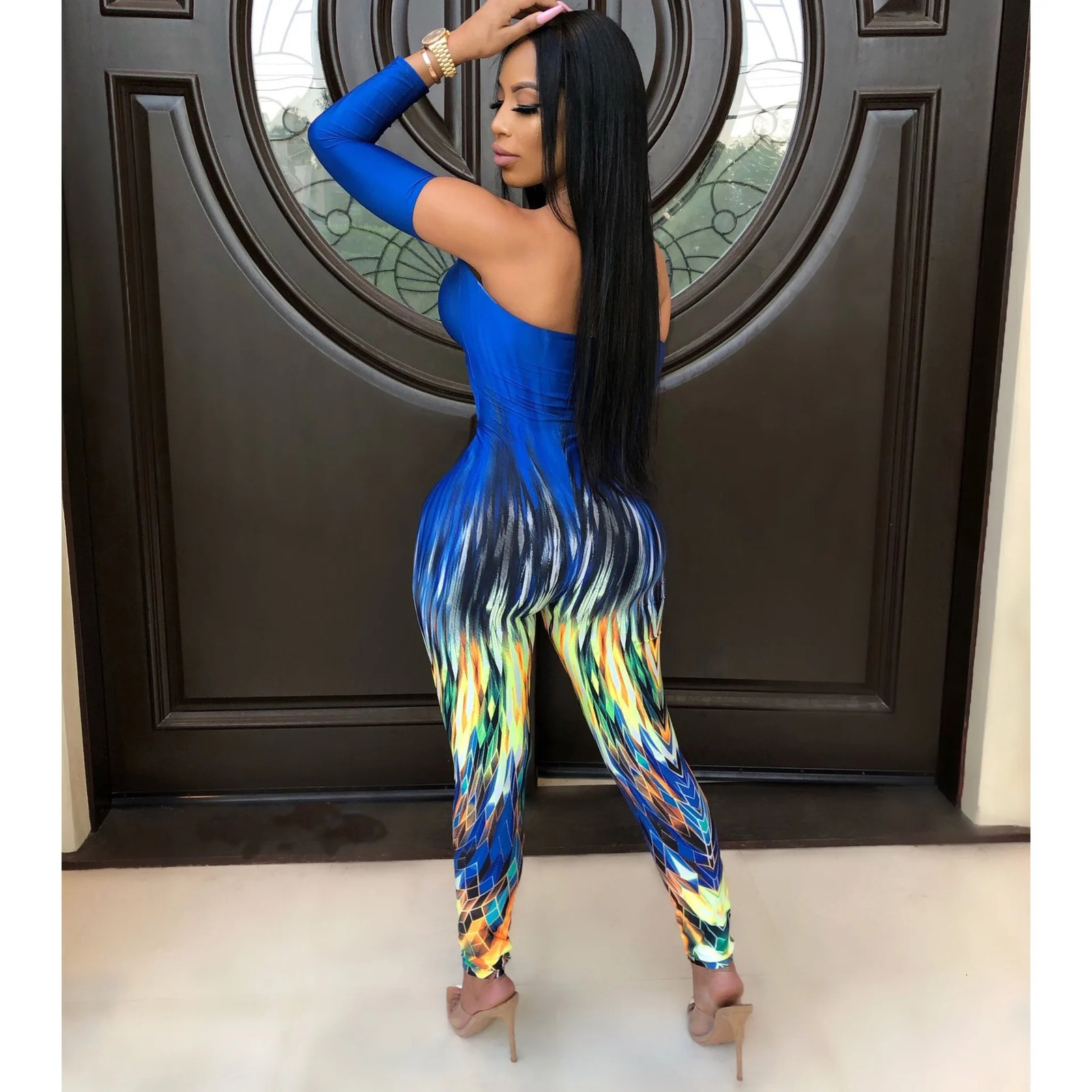 BKLD Clubwear Sexy Women Off The Shoulder Print Jumpsuits Autumn Women Tie Dyeing Bow Hollow Out Bodycon Bodysuits 250407