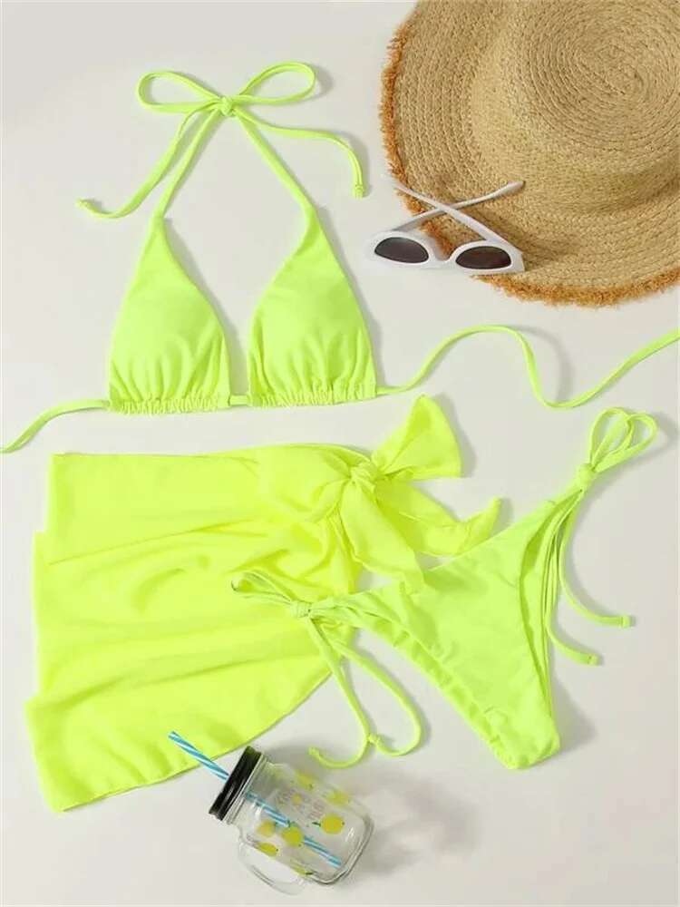 Dongdumaoyi Sexy Solid Brown Bikinis Set Women Ribbed Halter Push Up Mesh Skirt Swimsuit Mujer Brazilian Bathing Suit Cover Swimwear