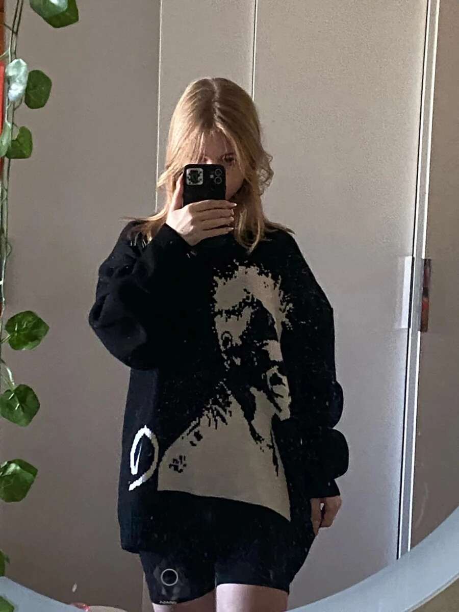 Men's y2k unisex fight club Loose Oversized Long Sleeve Y2K Streetwear 90s Vintage Print O Neck Pullover Sweater