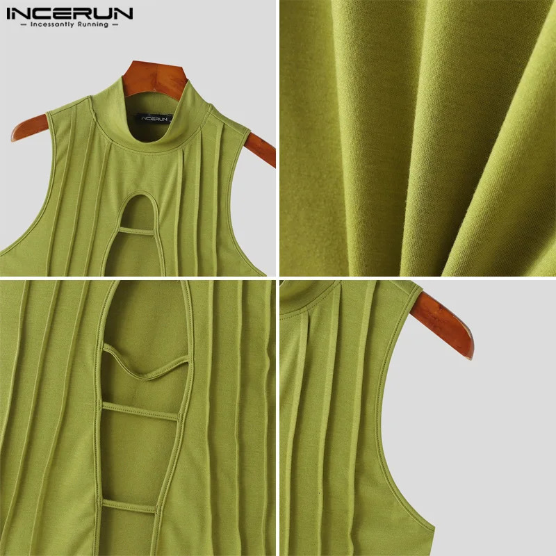 Fashion Club Clothing Style Top INCERUN Mens Hollow Half High Neck Knitted Tank Top Fashion Mens Sleeveless Solid Tank Top S-5XL 250403