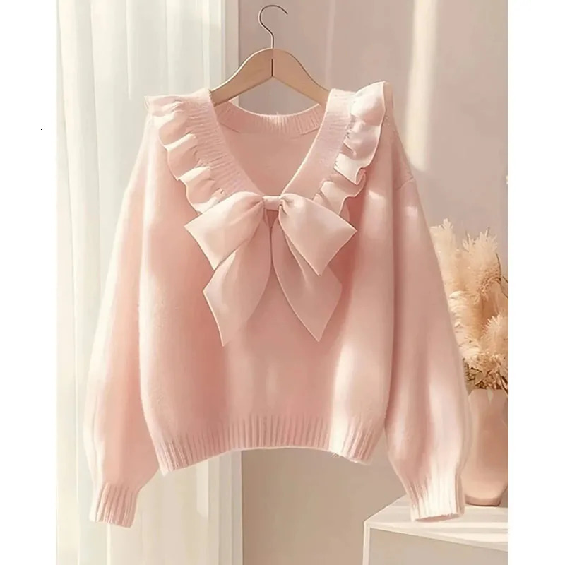 Pink Bow Knited Sweater Sweatshirt Unique Super Beautiful Long Sleeved Top 2025 Spring Autumn Women Knitwear Pullover Shirt 251104