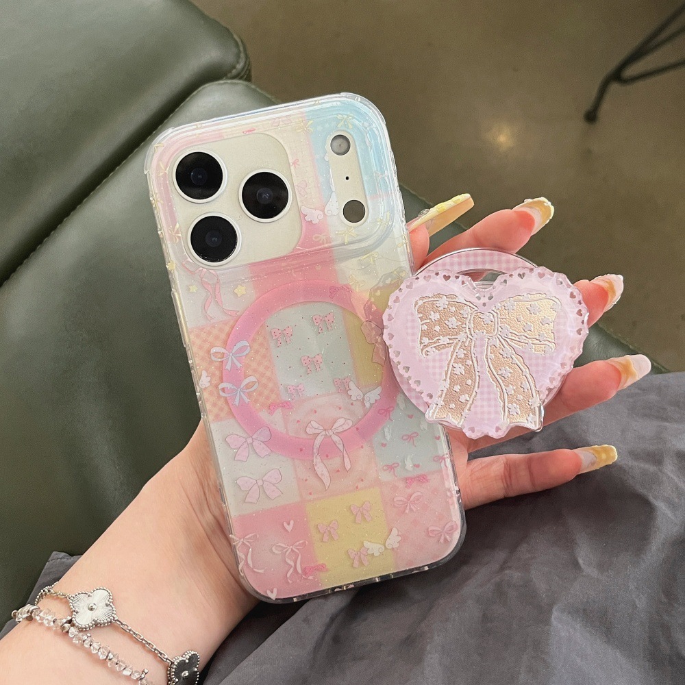 Heart Bow Magnetic Stand Phone Case Suitable for iPhone 17 Pro Max iPhone 16/15 Pro 14