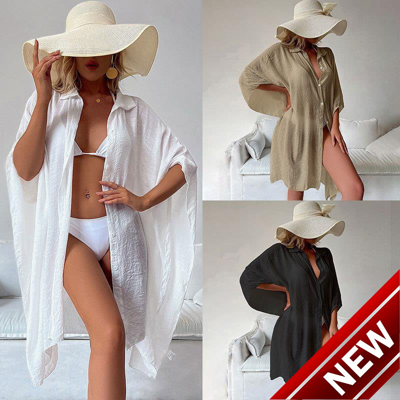 Vacation sun protection jacket solid color loose and breathable casual shirt sun protection cardigan long beach cover