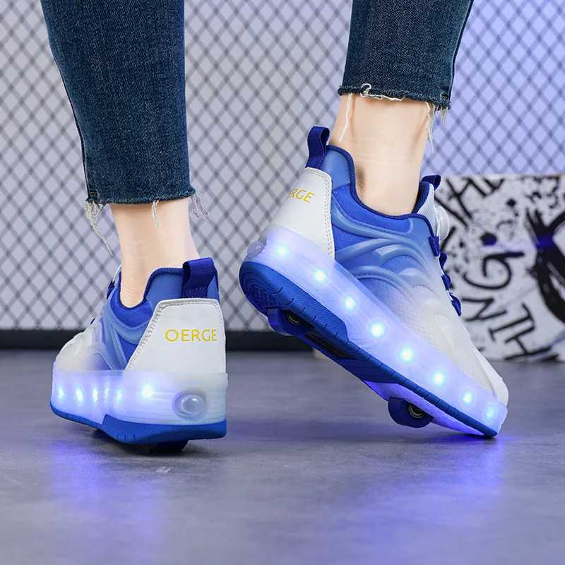 Childrens sports shoes boys and girls LED light wheels outdoor parkour roller skating shoes sports USB charging luminous casual shoes W250407