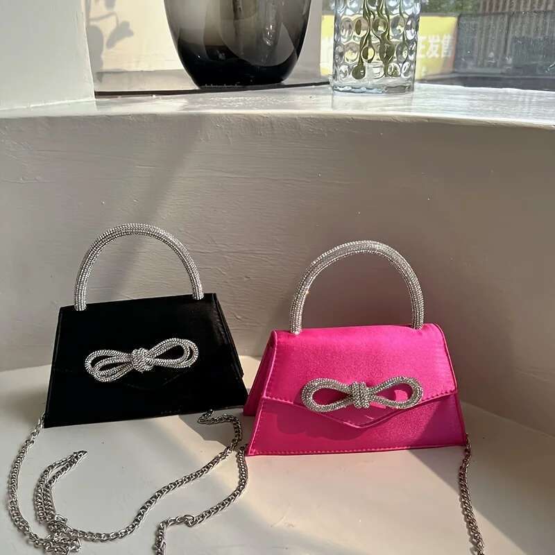 Chic Satin Evening Party Clutch Women's Elegant Shoulder Mini Square Bag, Glittering Rhie Bow Decor Prom Purse