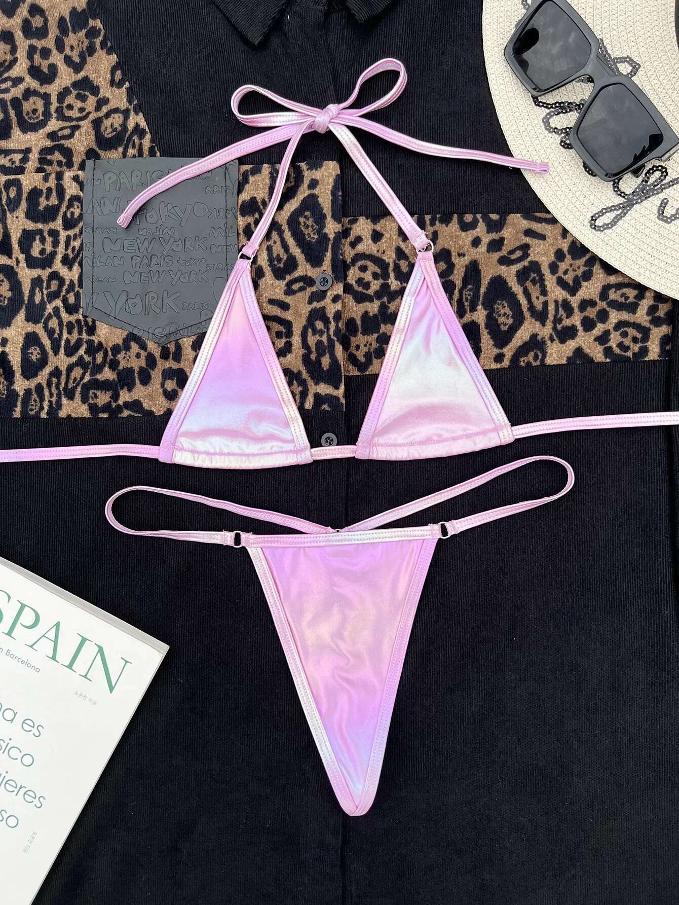 Dongdumaoyi Sexy Micro Bikini Pink PU Leather Push Up Triangle Swimsuit Biquini Brazilian Cut Out Beach Swimming Bathing Suit Swimwear