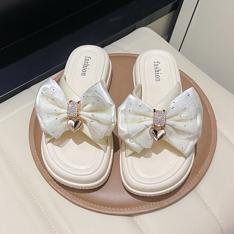 Ladies 2025 summer muffin bottom high appearance level all match slippers outside to wear a thick bottom bow one line female slippers