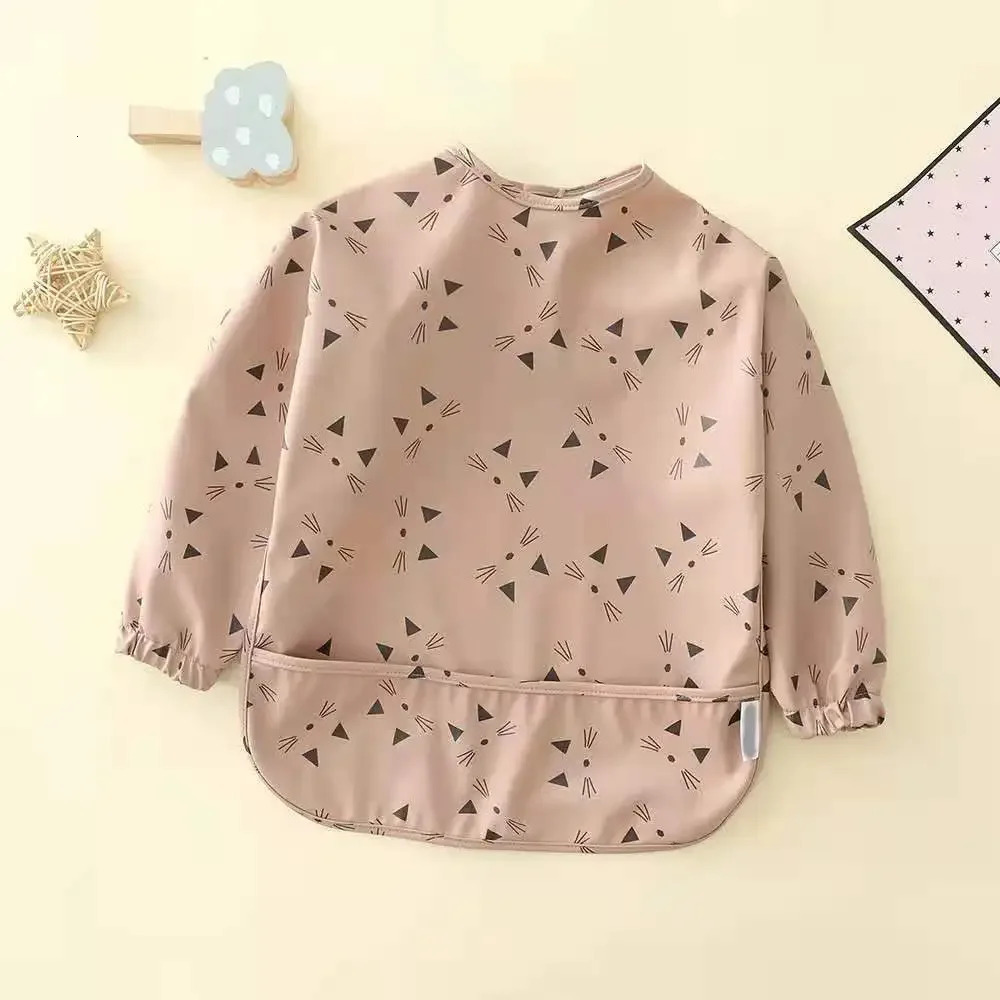 Kids Bibs Cartoon Animal Print Waterproof Bib Baby Food Bib Baby Rice Pocket Accesorios Bebe Long Sleeve Apron 250408