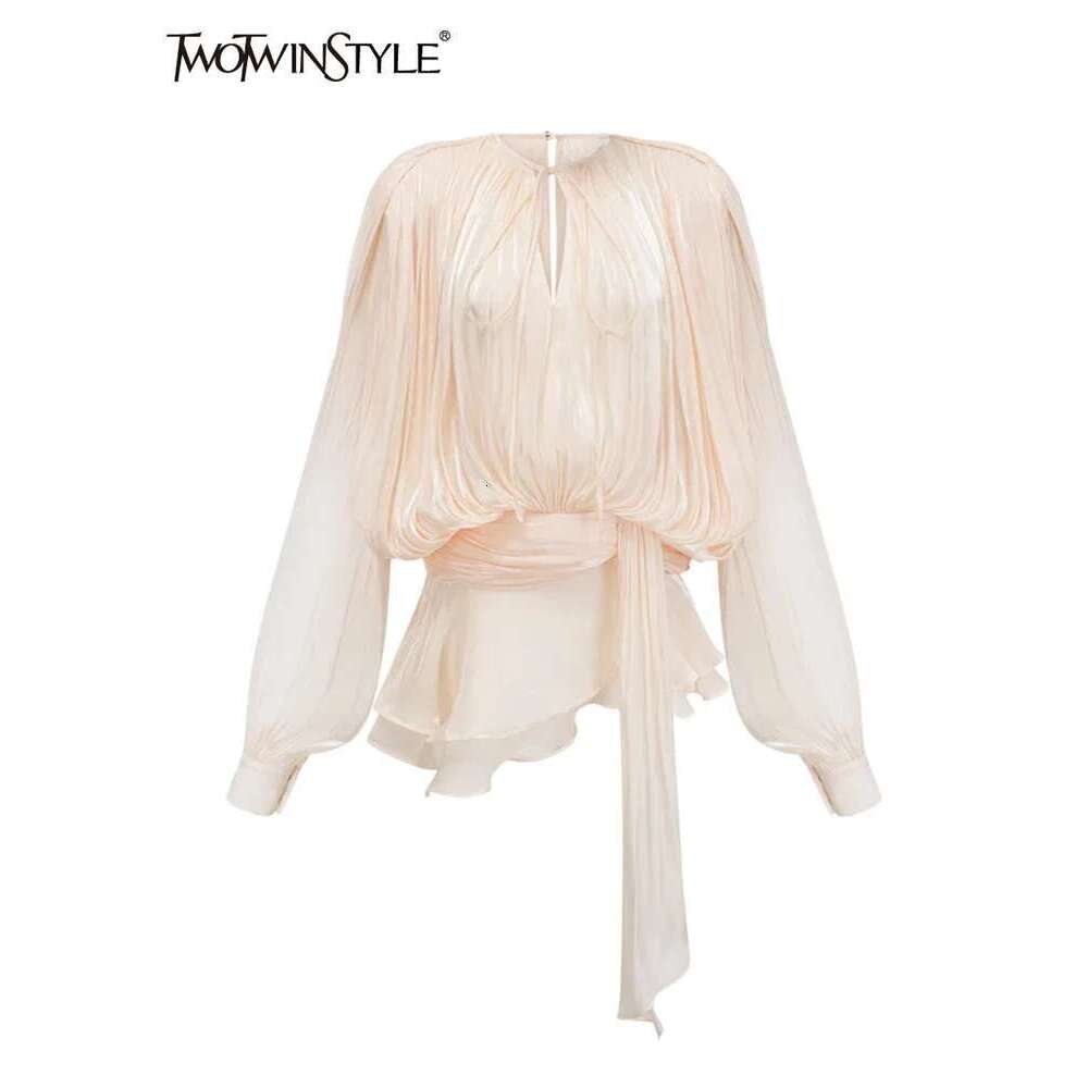 TWOTWINSTYLE Elegant Ruched Mini Dress For Women Round Neck Lantern Long Sleeve High Waist Temperament Dresses Female Fashion