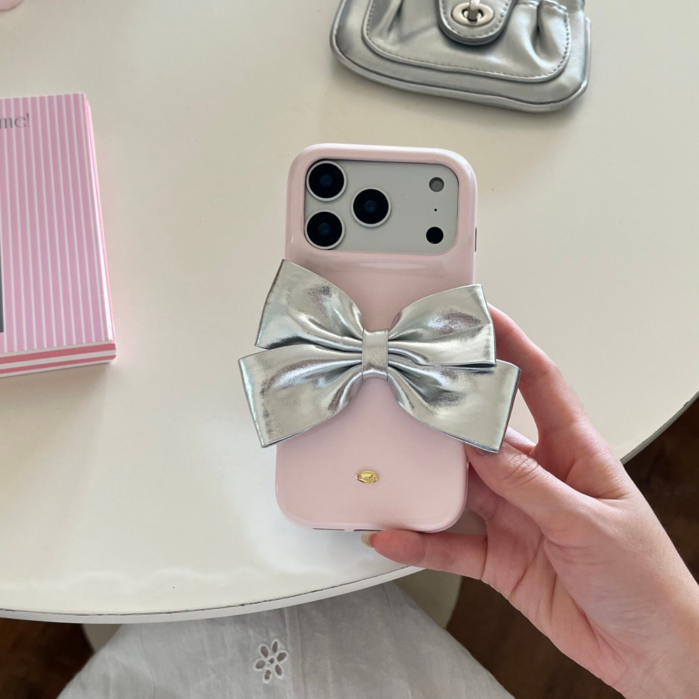 Leather Pink Bowknot Phone Case Compatible with iPhone 17 Pro Max Simple Solid Color Case iPhone 16/15 Pro Cartoon