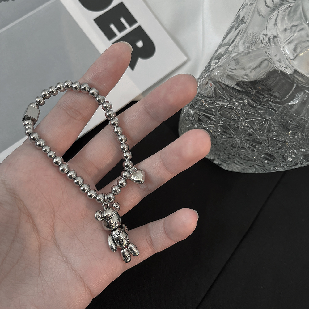 Love nical teddy bear stainless steel couple bracelet, niche high-end elastic rope bracelet