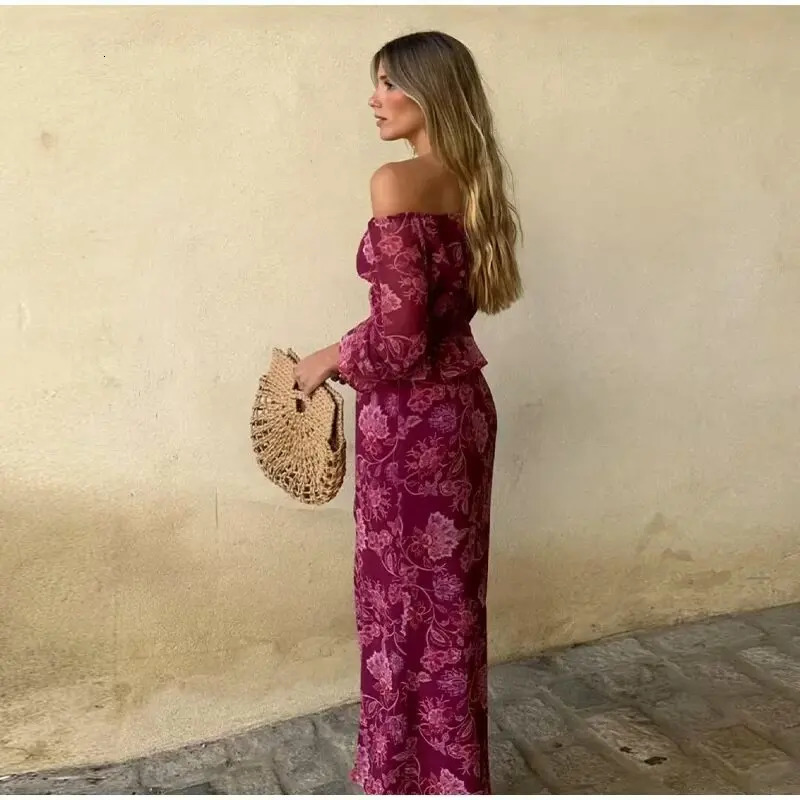 European and American style printed suit for women one-shoulder slim long-sleeved shirt with high-waisted straight slit ski 251104