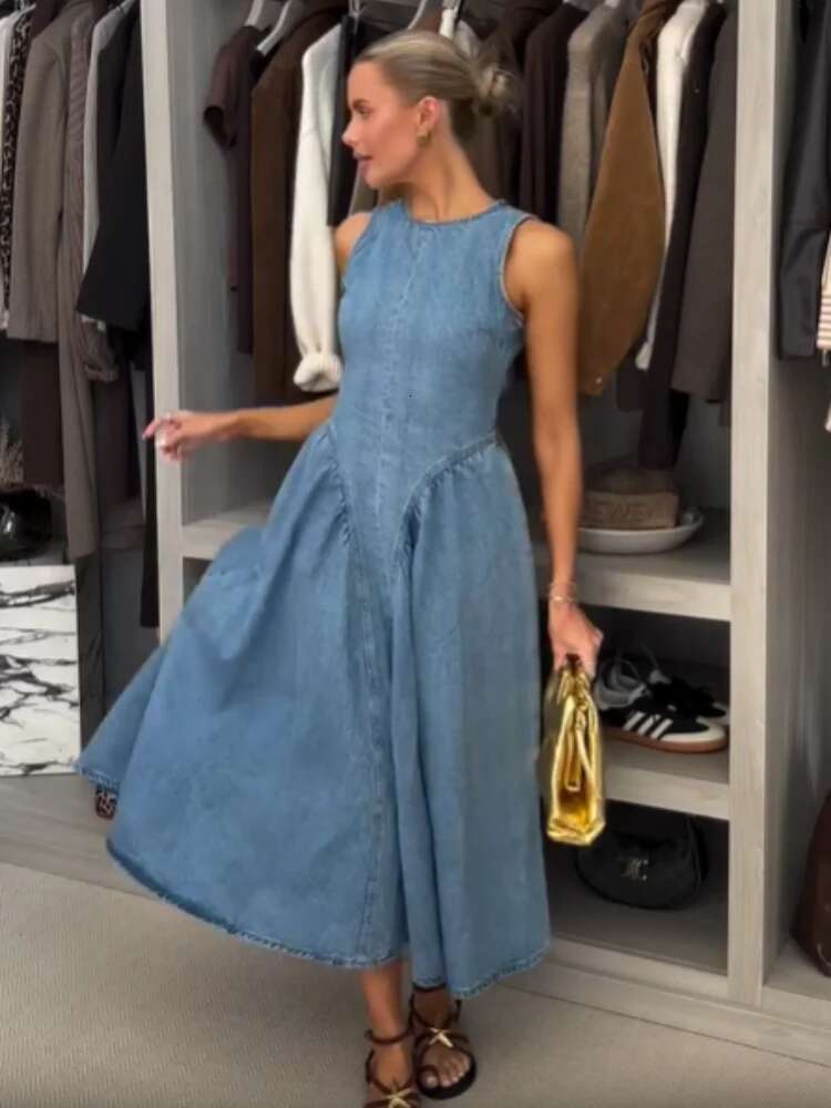 Sexy Women Backless Lace Up High Waisted Denim Dress Fashion O Neck Sleeveless A e Dresses Spring Chic Lady Street Robes