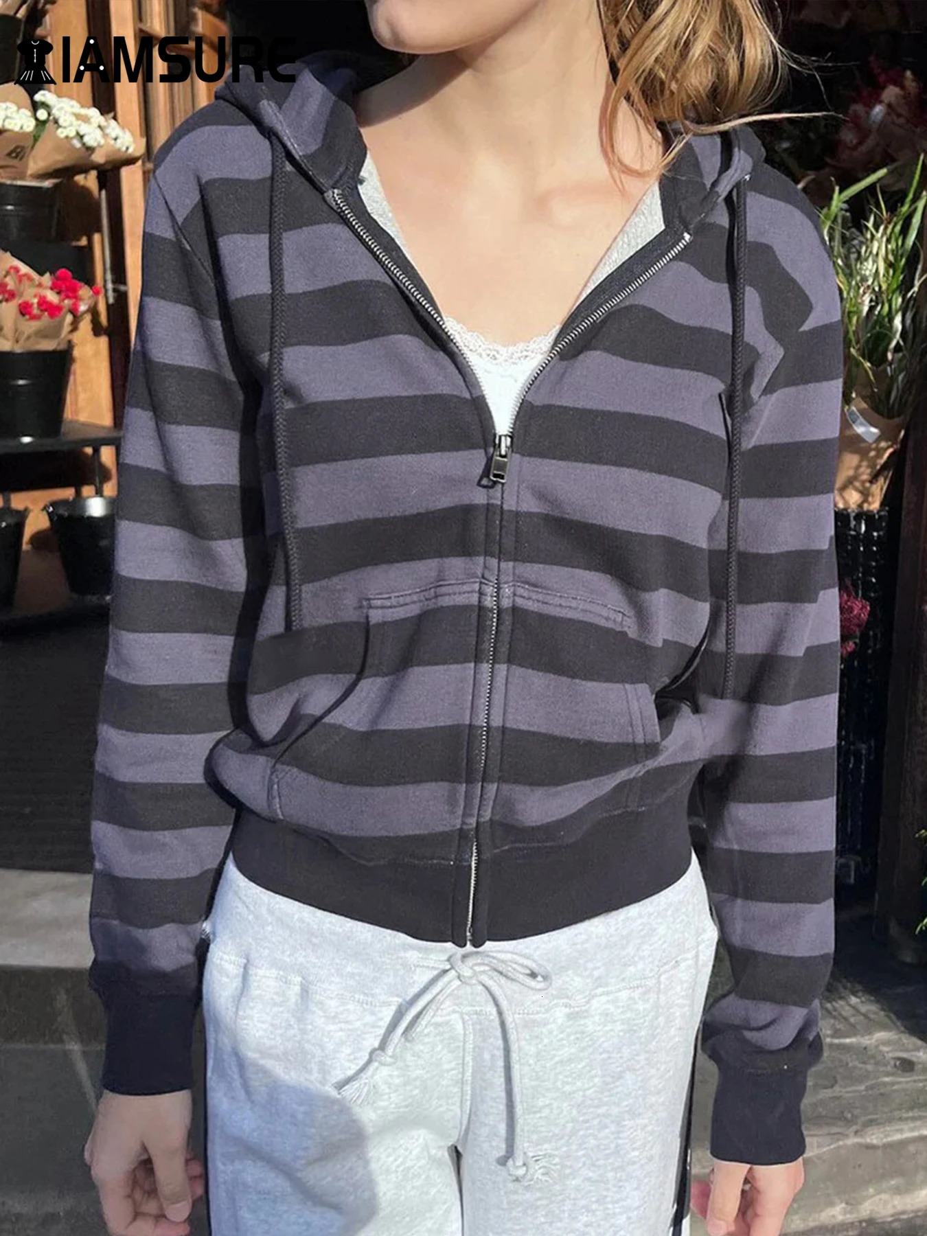 IAMSURE casual streetwear striped zipper hooded sweatshirt loose long sleeved sportswear womens autumn winter fashion women 250407