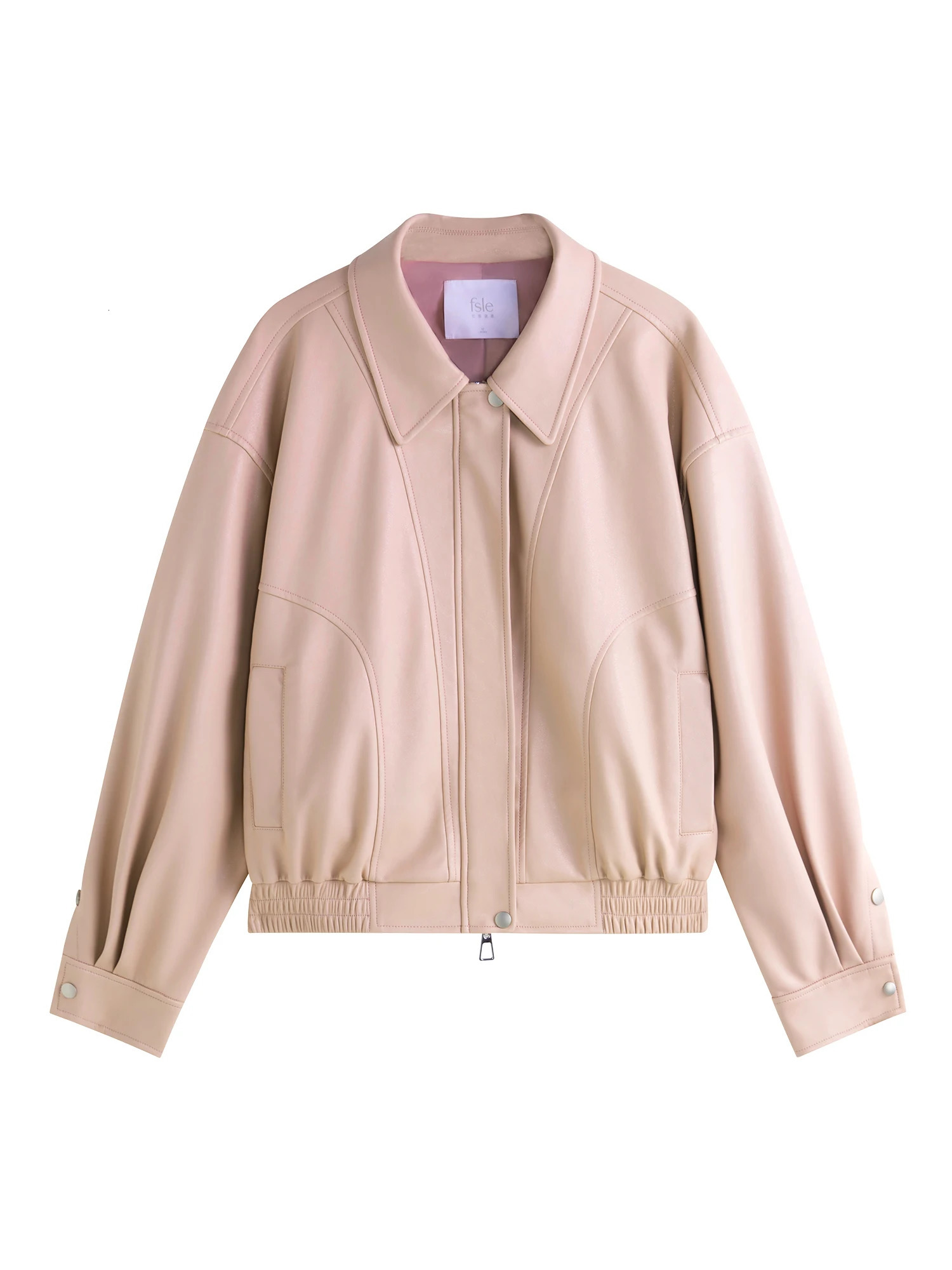 FSLE 2 colors womens PU leather short sleeved lapel casual down jacket loose office 24FS13366 250407