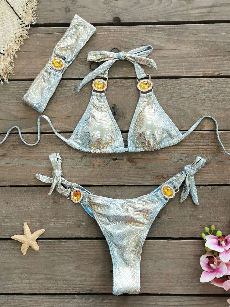 Dongdumaoyi Luxury Bikini Women Neon Green Gradient Rhinestones Push Up Micro Swimsuit Beach Bathing Suit Diamond Band Piece Swimwear