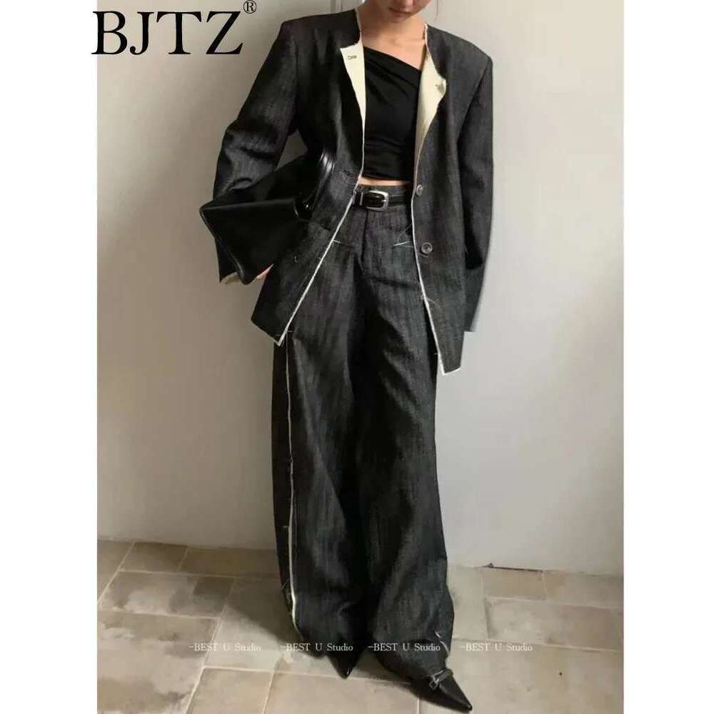 BJTZ 2025 Women's Solid Color Design Lapel Do Old Retro Suit High Quality Loose Straight Pants Two-Piece Set