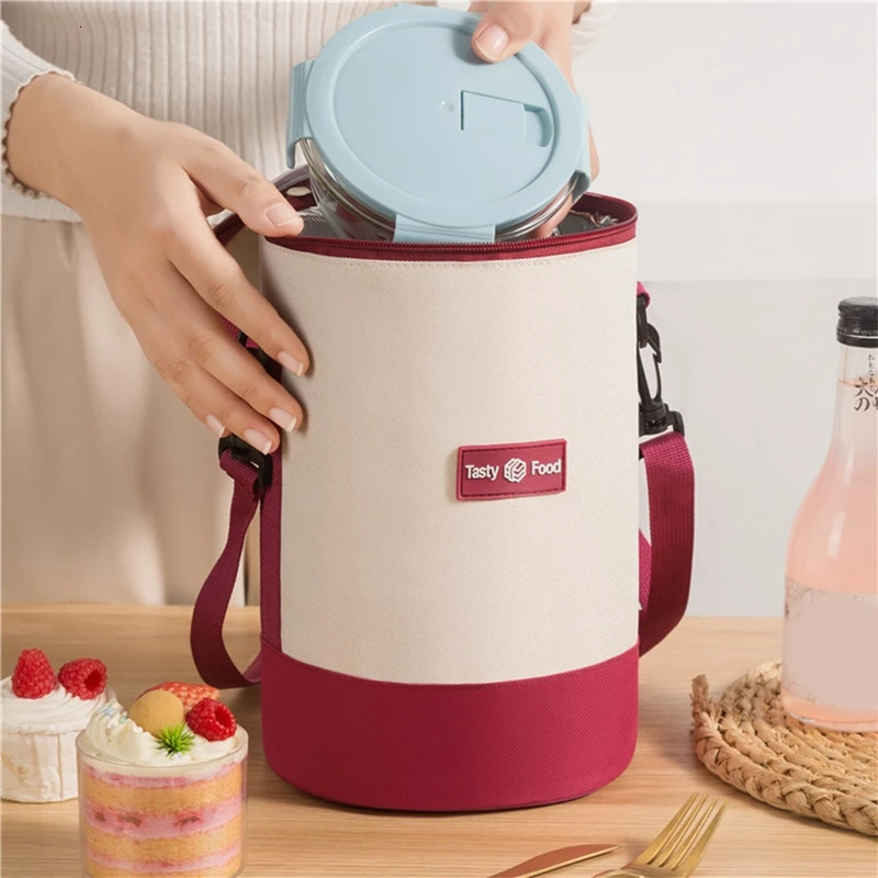 Portable lunch bag insulated food handbag simple and practical shoulder storage picnic meal container round shape 250401