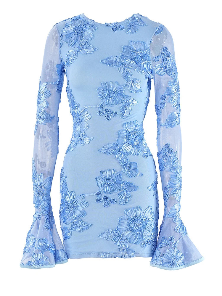 Beyprern Glam Backless Rose Pink Floral Mesh Short Dress Elegant Party Dresses For Women Long Sleeve Embroidered Birthday Dress 250407