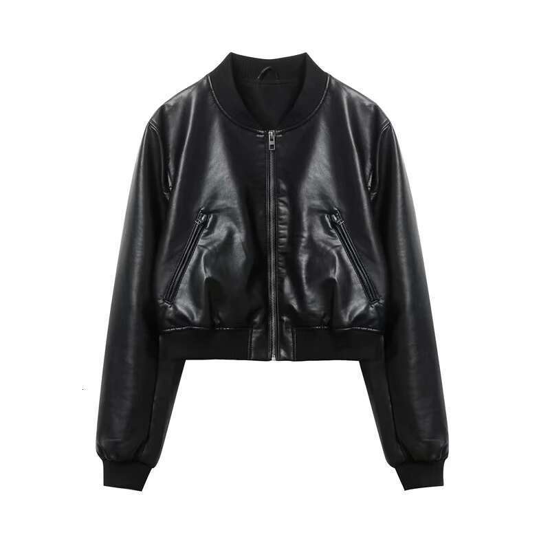 Women's Street Fashion Faux Bomber Jacket Stand Collar Black Short Leather Coat