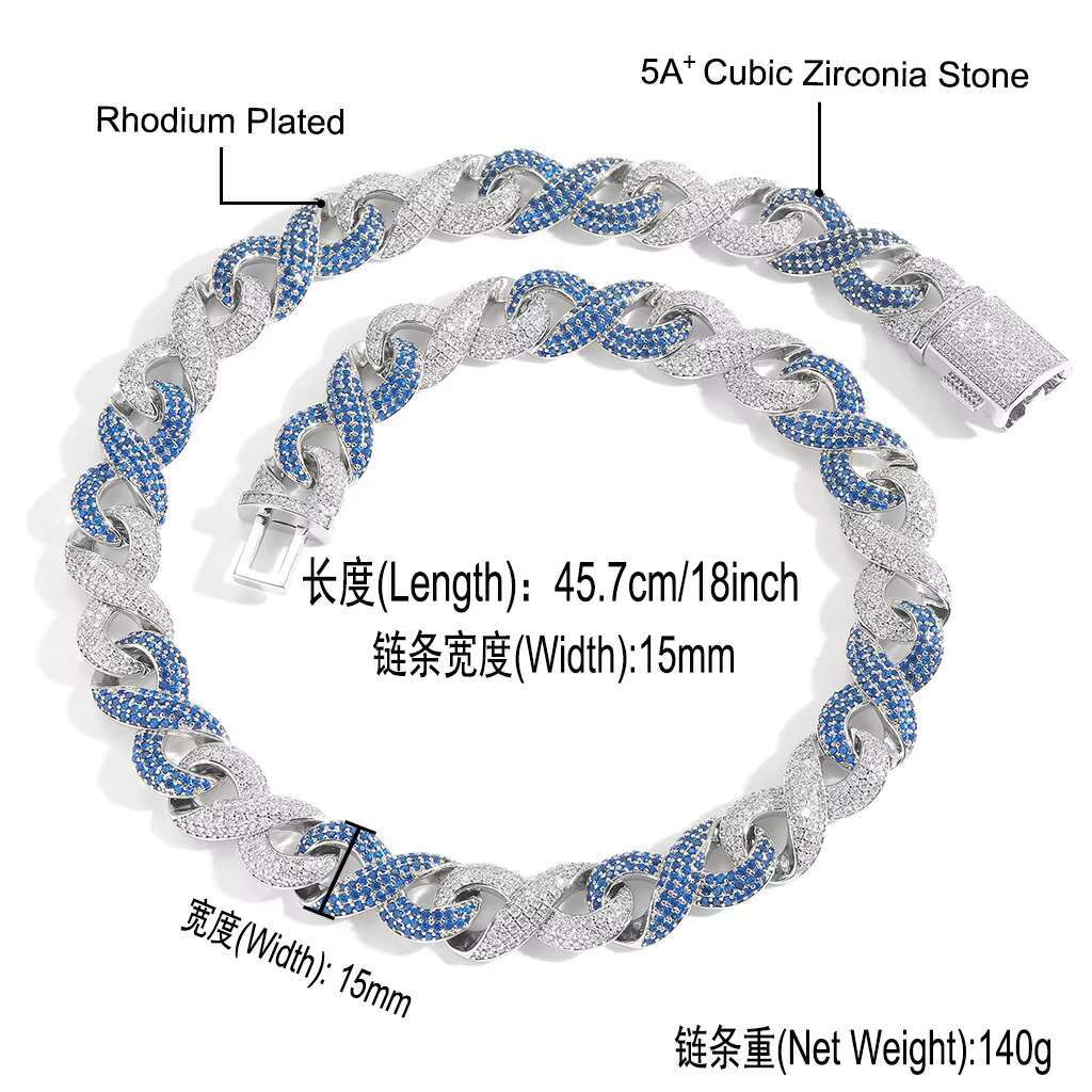 BES 15MM Hip Hop Cuban Link Chain Necklace Two-color Cuban Chains Iced Out Blue Zircon Necklace Mens Fashion Hip Hop Jewelry