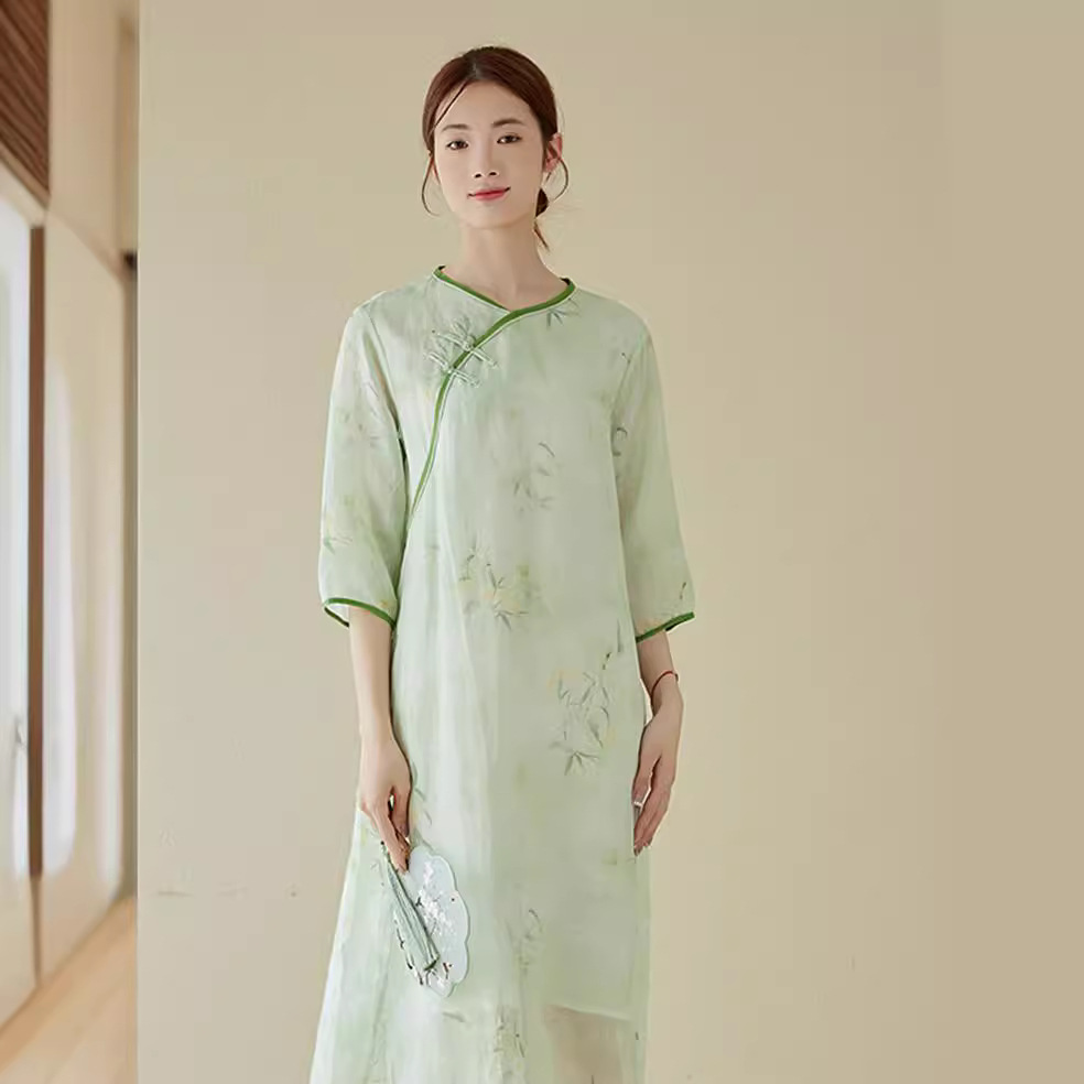 G5180 High Quality Double Layer Dress Women Summer Retro Print Women's Improved Cheongsam Skirt