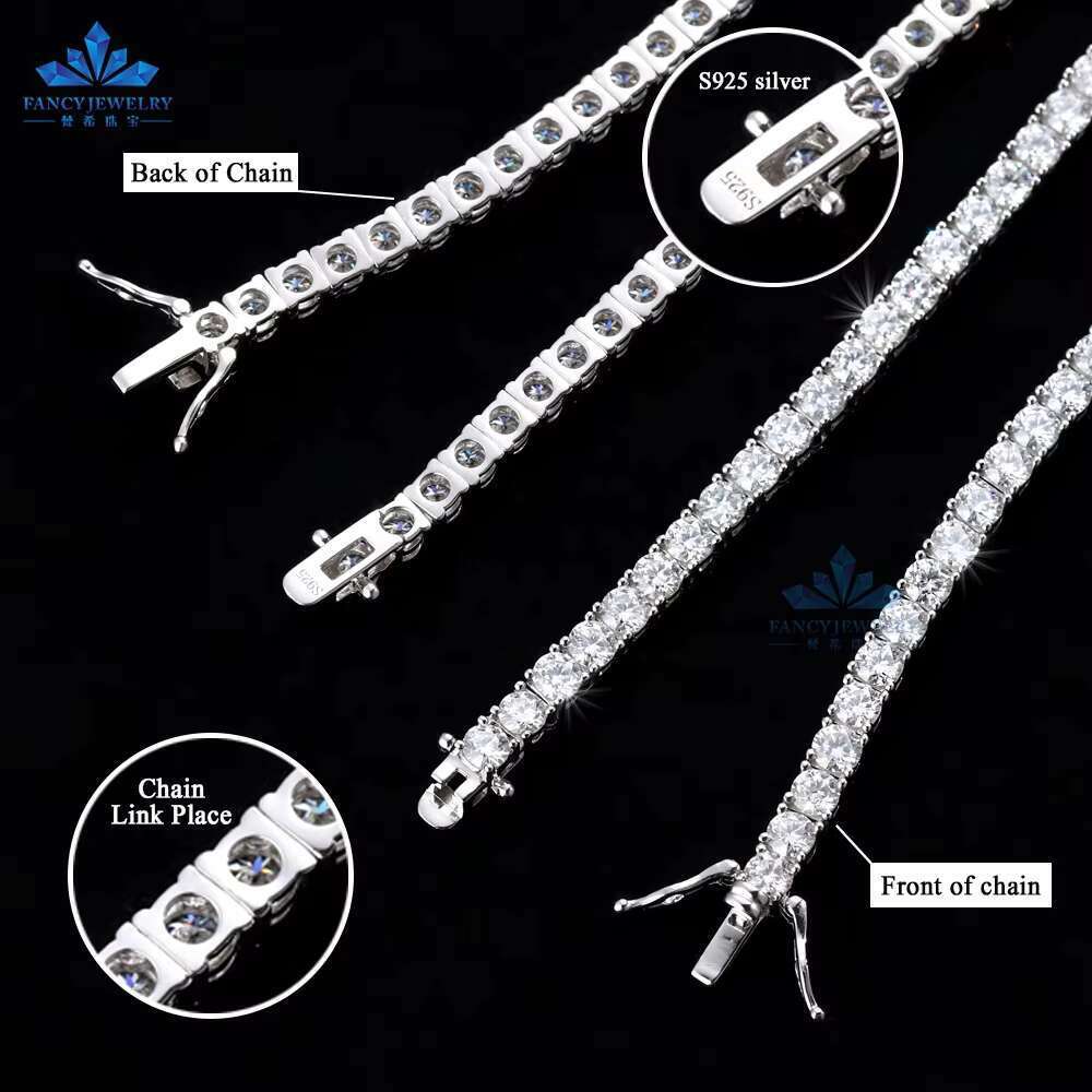 Hip hop style sterg sier spodumene tennis chain VVS necklace with 2mm, 3mm, 4mm, 5mm, 6.5mm size