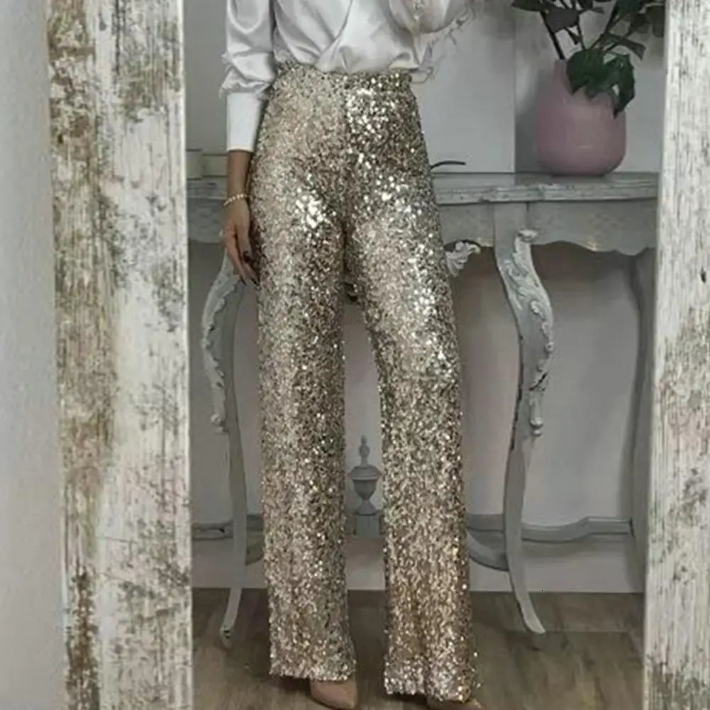 Elegant solid color pants sequins high waisted Flared pants ultra-thin fit suitable for women shiny Trousers solid color elastic streetwear 250402