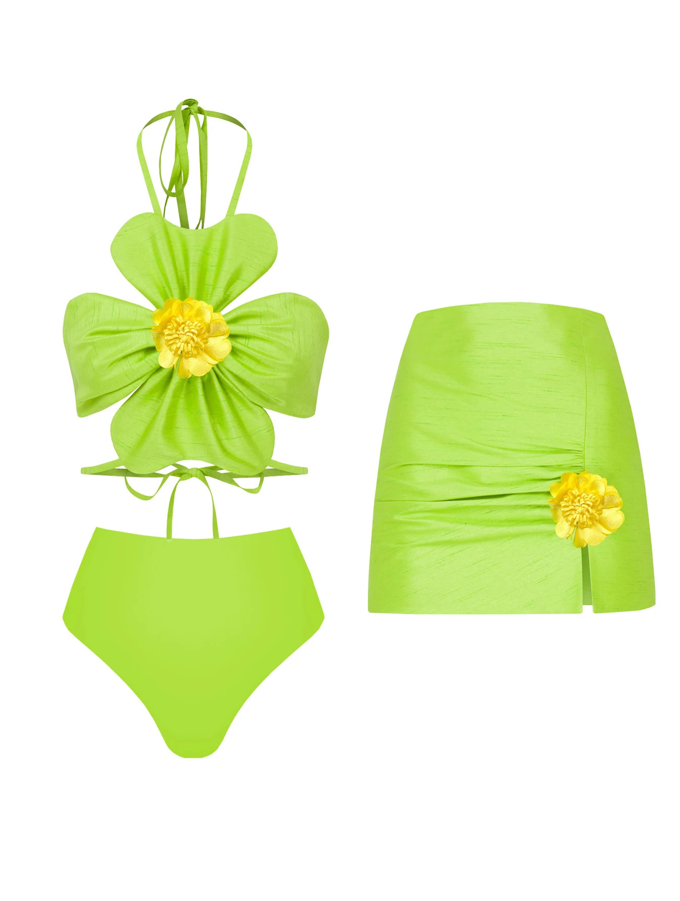 Women Two-piece Skirt Suit 3D Flower Top Skirt Sleeveless Sweet Waist Chic Slit Skirt Summer Mini Skirt 250407