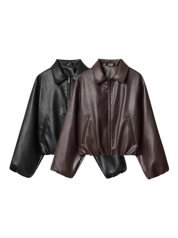 Womens Faux Leather Bomber Jacket Long Sleeve Chic Outerwear Elastic Hem Female Fashion Top 251105